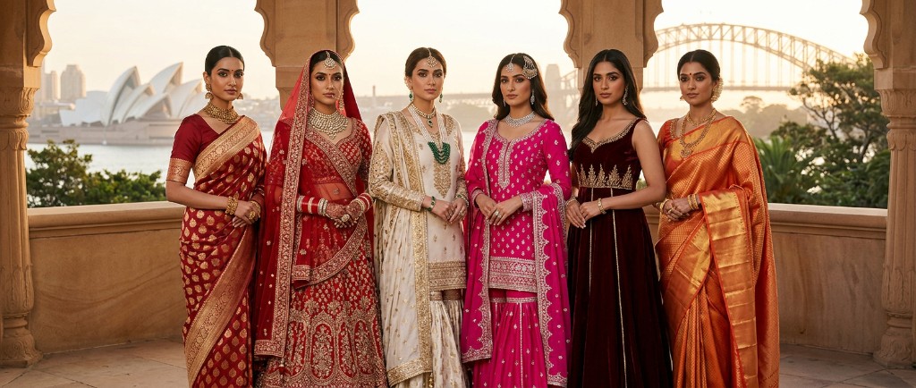 Six women in South Asian bridal and formal wear — lehengas, sarees, and sharara — standing beneath an ornate archway with the Sydney Opera House and Harbour Bridge behind them